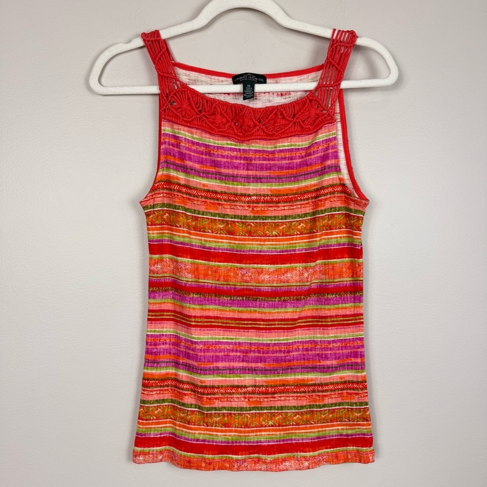Lauren Ralph Lauren Crochet Top Womens XS Stripe Western Shirt Orange Y2K Cotton